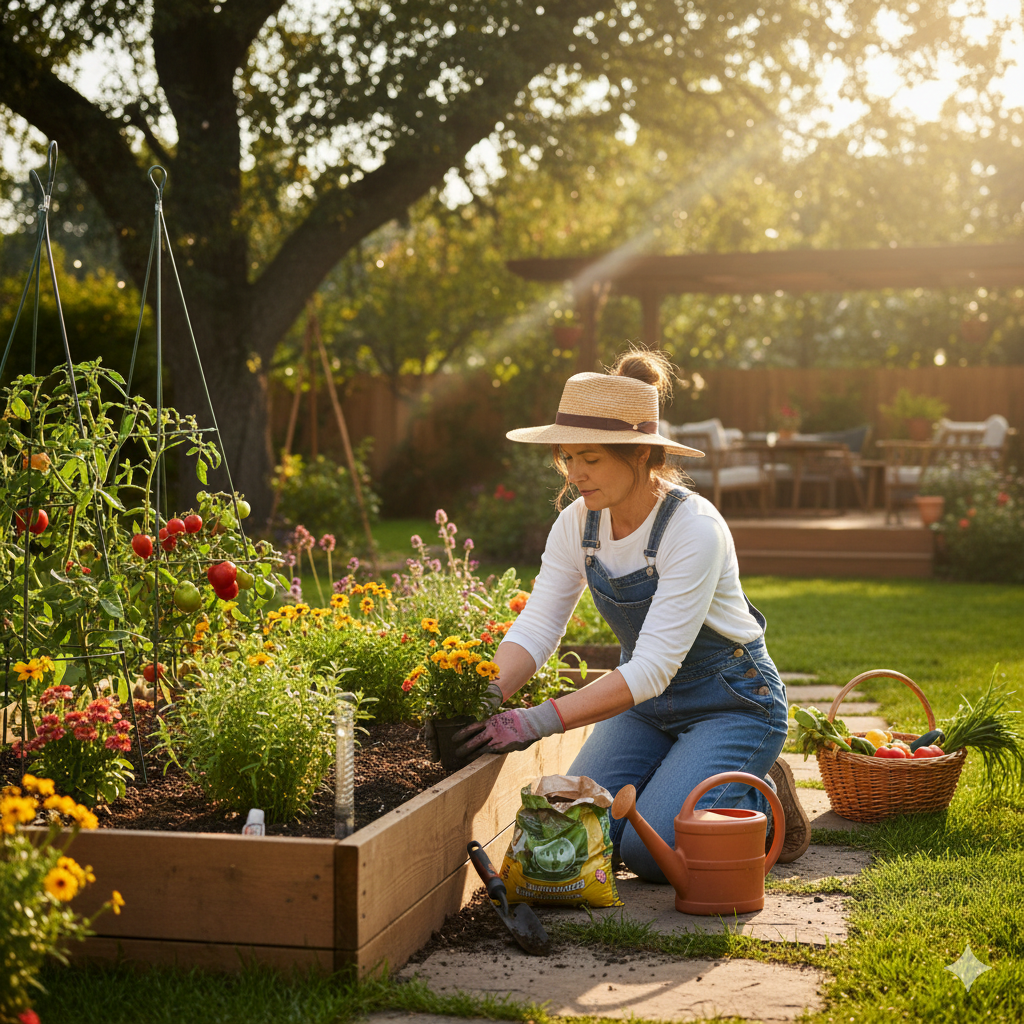 "A woman in a straw hat and denim overalls is actively gardening in a raised garden bed filled with plants and flowers, with ripe tomatoes visible. She is kneeling, planting new flowers, and a watering can and basket of freshly picked vegetables are nearby. This image highlights how gardening can be an enjoyable and active way on how to stay fit outdoors."