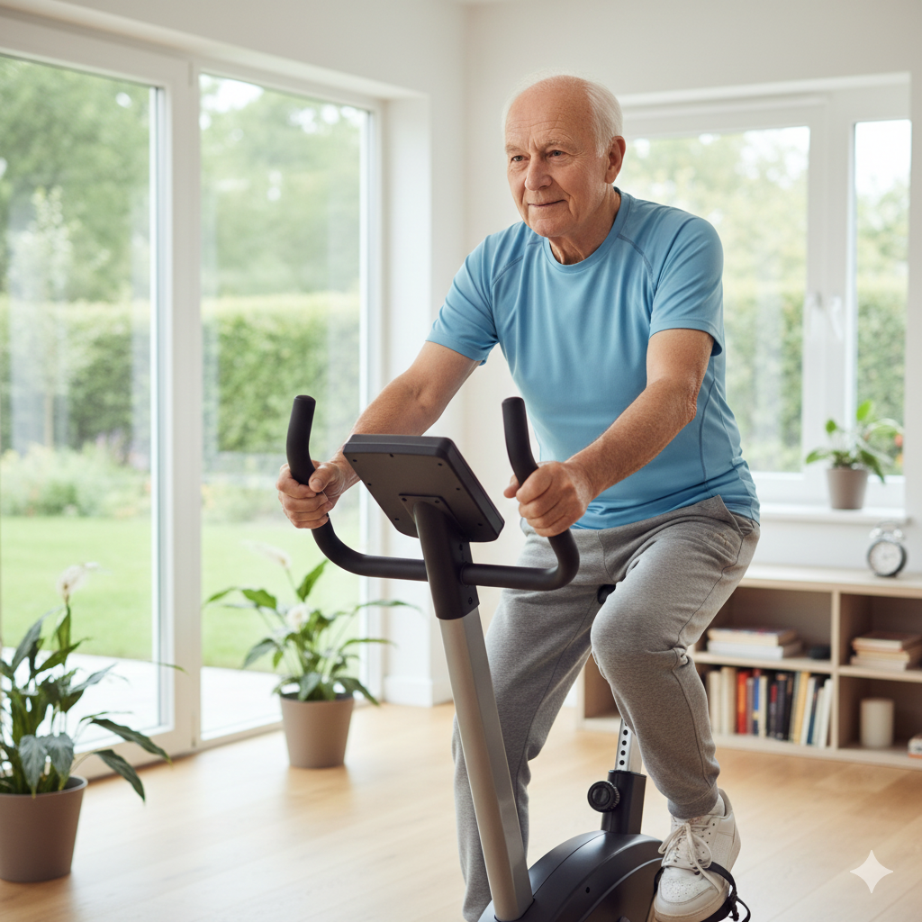 "An older man, with white hair and wearing a blue t-shirt and grey sweatpants, is gently cycling on a stationary exercise bike in a bright room with large windows overlooking a garden. He appears focused and content, showcasing a low-impact method on how to stay fit in old age."